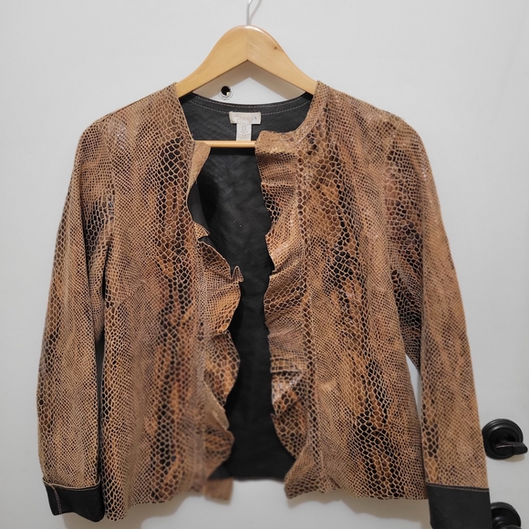 Chico's Caramel Brown Leather Snakeskin Print Blazer - Size 0 - Picture 1 of 10